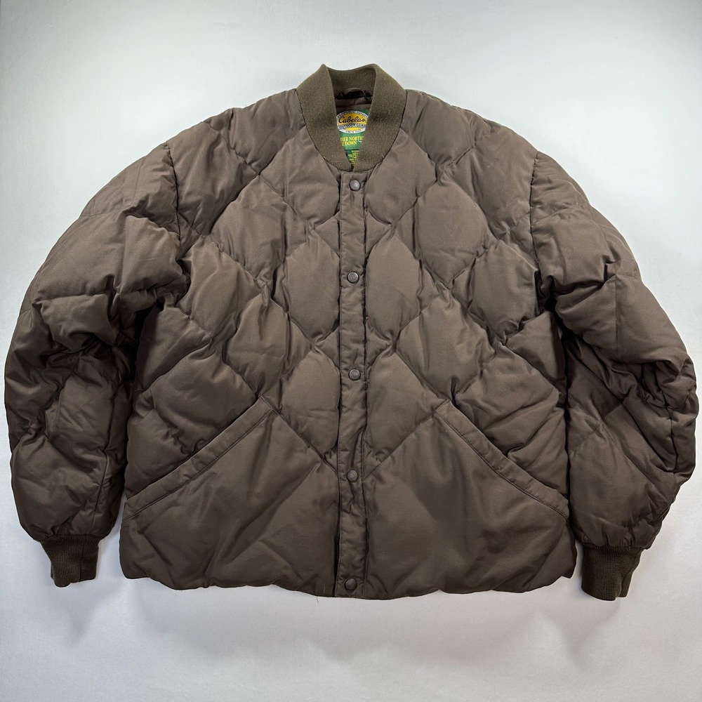 Vtg Cabelas Premier Northern Goose Down Quilted Bomber Jacket Brown‎ Mens XL Reg